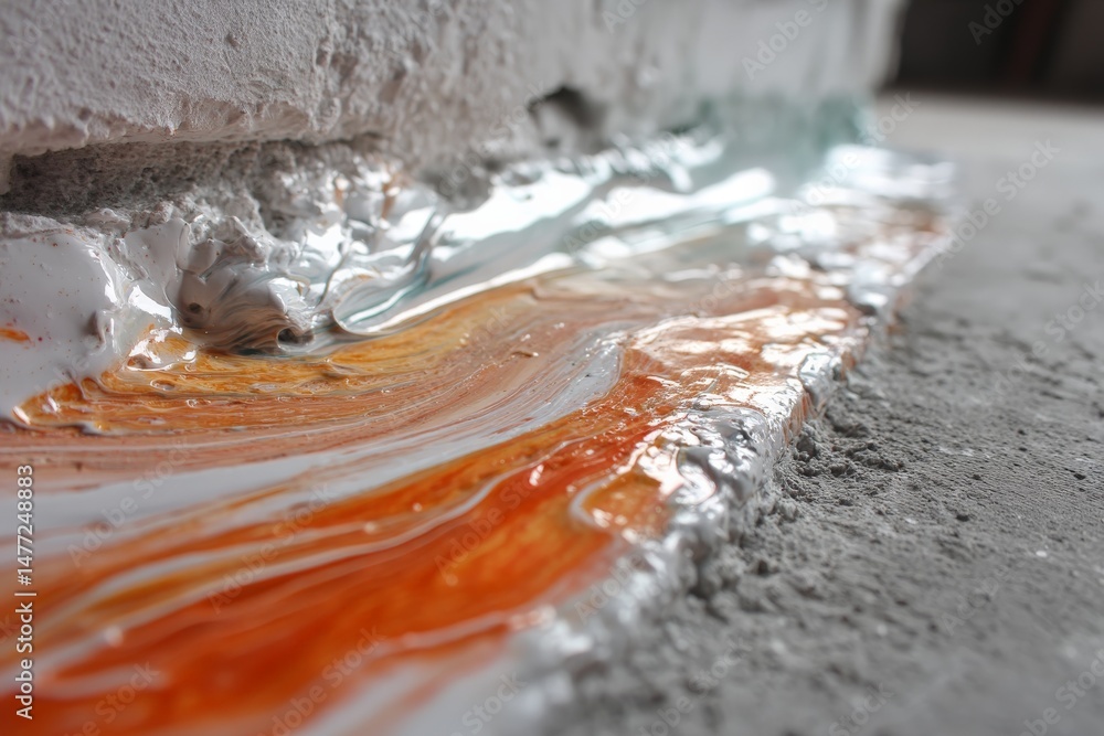Poster Colorful liquid flowing on concrete surface creating vibrant patterns in an industrial setting