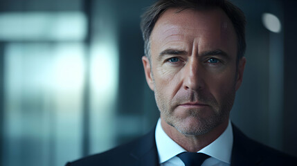 Fototapeta premium Confident Businessman in Modern Office Setting Featuring Serious Expression