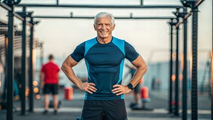 Fit older man smiling in sportswear, posing as active coach or trainer