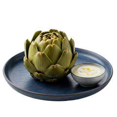 Obraz premium Fresh artichoke served on a blue plate with dipping sauce, highlighting culinary presentation