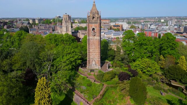 Aerial video over Brandon Hill in Bristol featuring Cabot Tower. 
