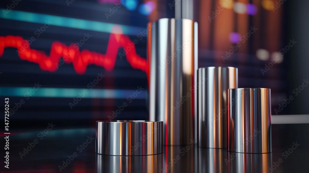 Poster metallic cylinders on a reflective surface with a financial chart in the background displayed