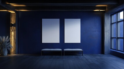 Dark blue room with two blank canvases