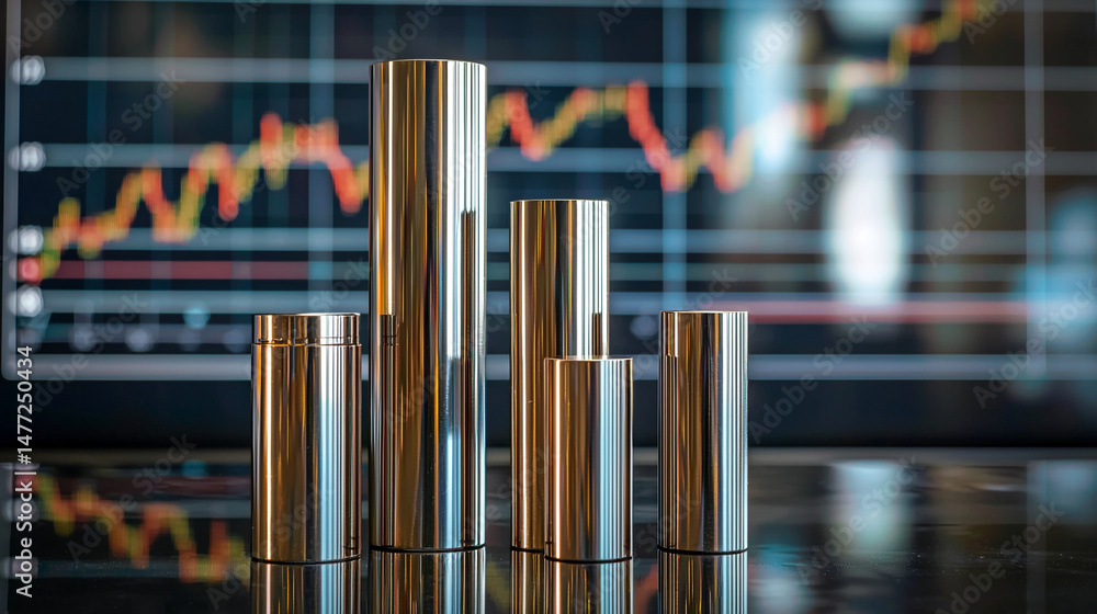 Poster shiny metal cylinders arranged in a bar graph formation with a stock chart in the background