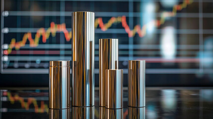Shiny metal cylinders arranged in a bar graph formation with a stock chart in the background