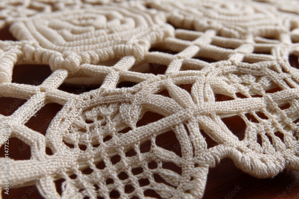 Poster intricate lacework featuring floral patterns on a wooden surface captured in soft lighting