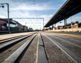 Fototapeta premium Train Tracks Perspective. Low angle view of railway tracks vanishing into the distance.