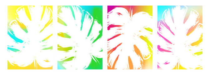 White brush stroke monstera leaf. Set of Summertime backgrounds with tropical leaves for Summer season creative graphic design. Vector illustration.	