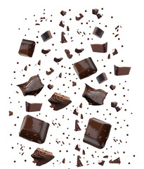 3D illustration of delicious chocolate pieces scattered in space