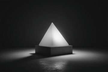 Soft glowing pyramid sculpture illuminated in a darkened room enhancing its geometric design and ambiance