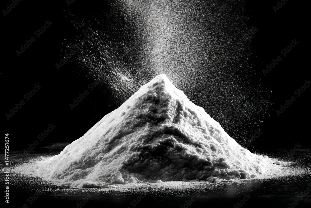 Poster white powder forms a peak on black surface while grains scatter around in an artistic arrangement