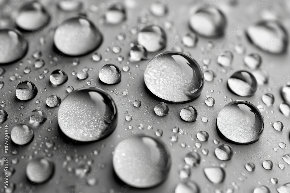 Leinwandbilder Close-up view of water droplets on a smooth surface showcasing intricate patterns and reflections in natural light