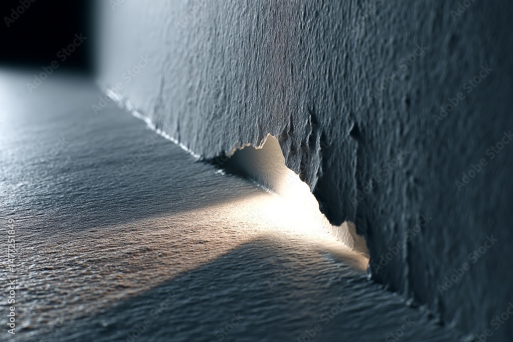 Poster Light breaking through the cracks of a worn wall in a dimly lit room during evening hours