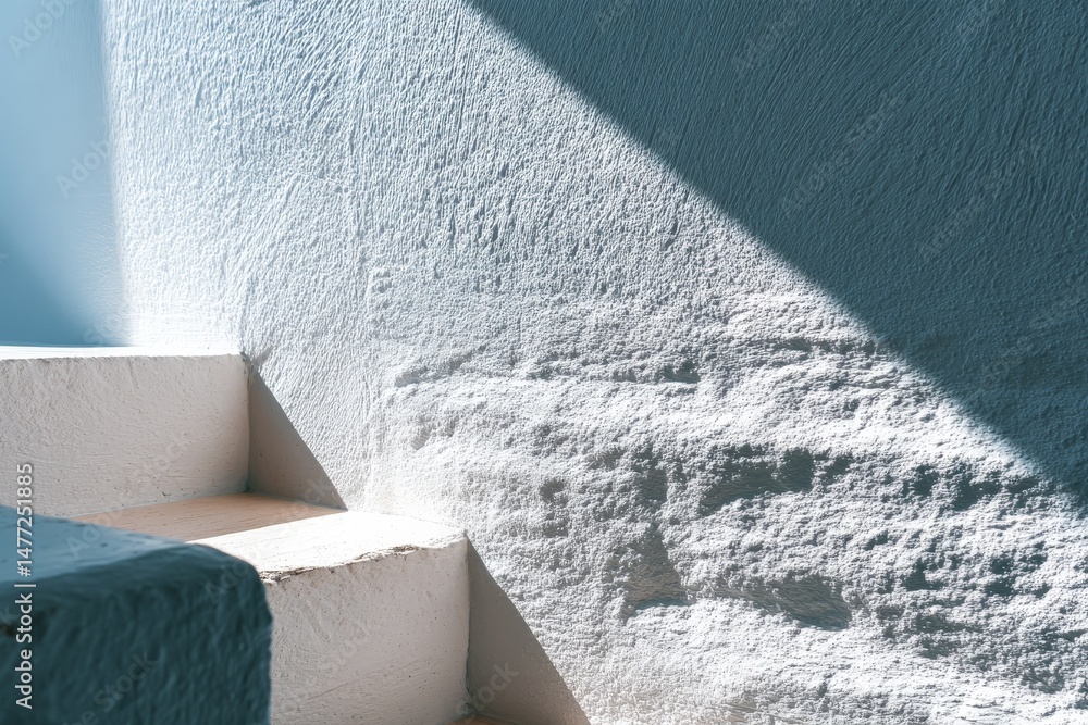 Poster light streaming down stairs creates a warm ambiance in a serene space with textured white walls