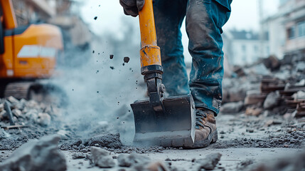 Construction Worker Using a Jackhammer on Concrete