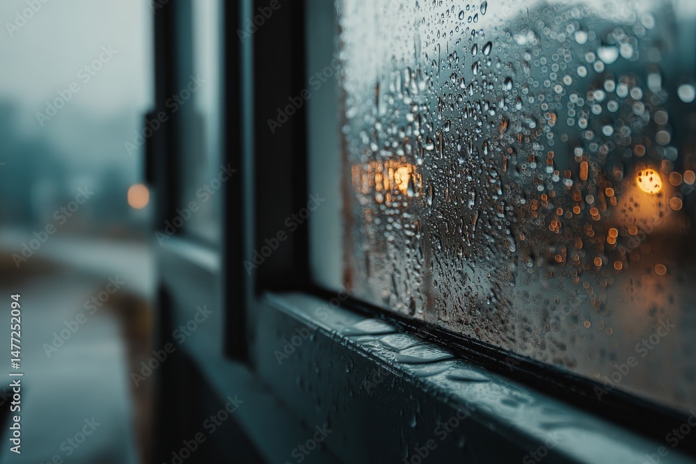 Poster raindrops collect on a window pane during a gloomy evening in a quiet urban setting