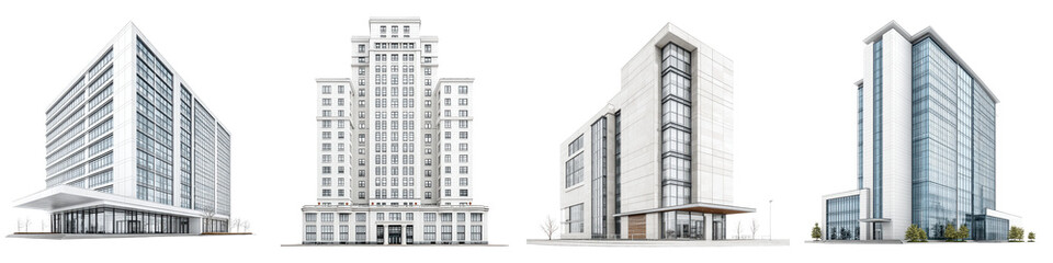 Modern architectural designs featuring sleek, glass-facade skyscrapers and contemporary structures, ideal for urban development and real estate showcases