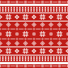 Christmas and New Year seamless pattern. White snowflakes and Christmas tree on red pixel pattern for winter hat,jumper,sweater, wrapping,fabric,border,rim,carpets, blankets, towels.