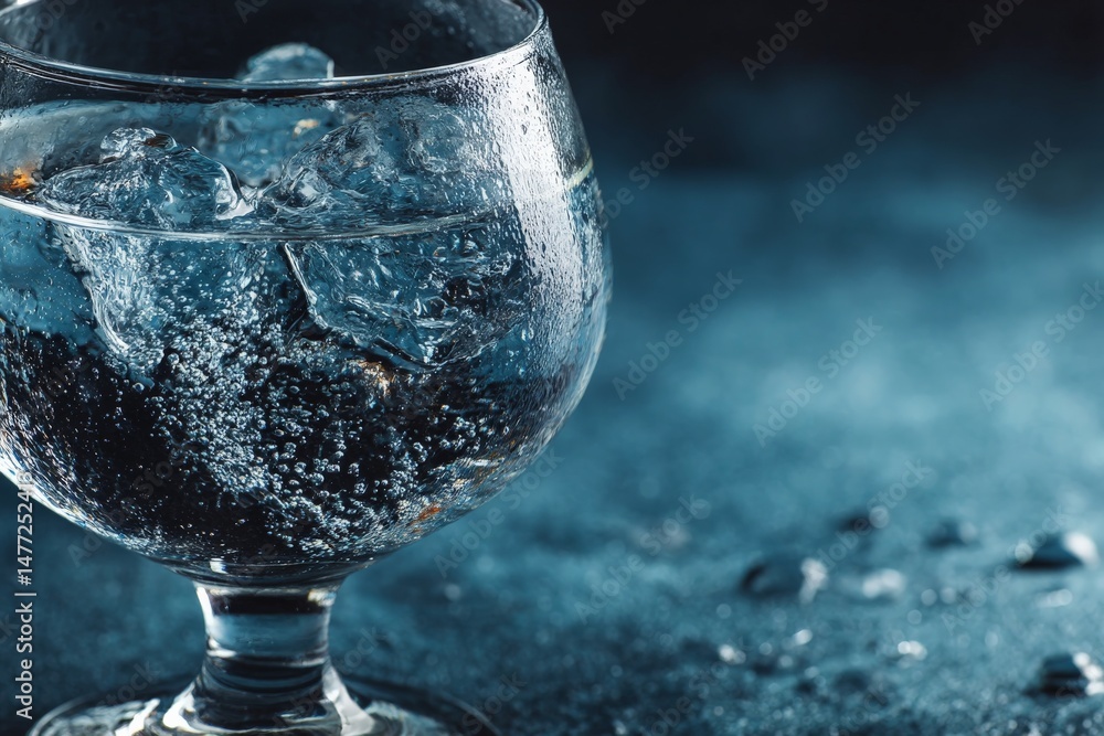 Poster refreshing cocktail served in a crystal glass with ice and bubbles against a dark background