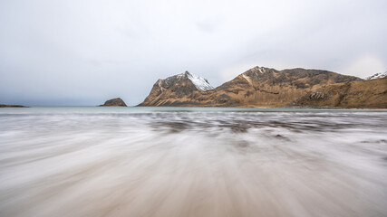Beautiful long-exposure shot of Haukland beach in winter, Lofoten Islands, Norway. © Remo Peer