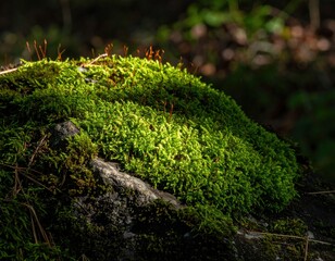 Closeup Of Moss Growing On Rock In Sunlight