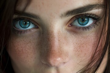 Captivating gaze of a young woman with striking blue eyes and freckles in natural light