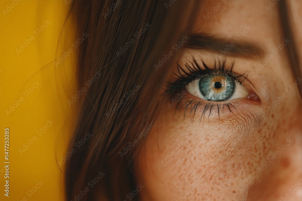 Aufkleber close-up of a person's eye showcasing intricate details and vibrant colors against a vivid backgroun