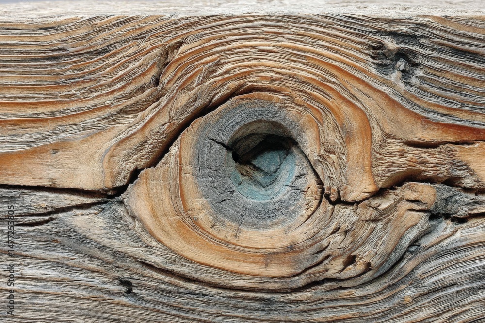 Poster Wooden log with intricate texture and natural patterns showcasing a unique eye shape in a rustic setting
