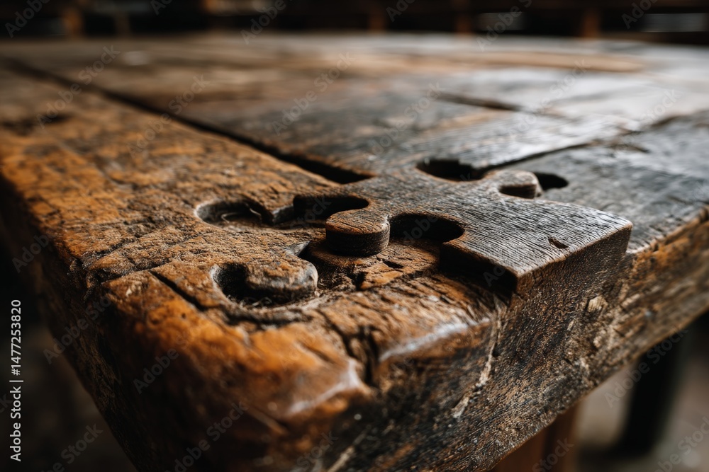 Aufkleber wooden table with intricate puzzle piece details showcasing craftsmanship in a rustic setting