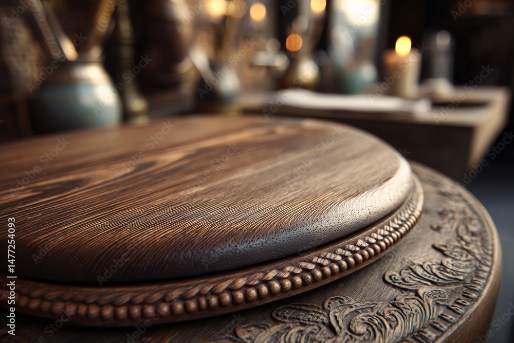 Poster wooden surface with intricate details captured in a warm and inviting interior setting