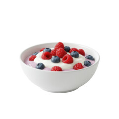 Fresh yogurt bowl topped with raspberries and blueberries, set on a white background