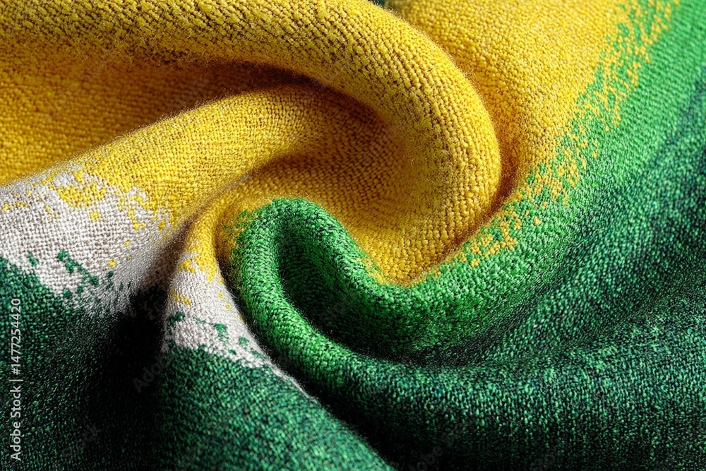 Poster textile close-up showcasing vibrant colors in fabric with yellow, green, and gray hues, highlighting