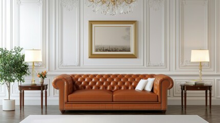 Classic leather sofa in cozy interior with crisp white walls and warm lighting
