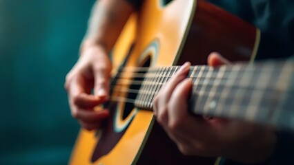 Obraz premium Close-up of fingers playing acoustic guitar strings. Perfect for music content, tutorials, album covers, or artistic concepts involving musicianship and sound