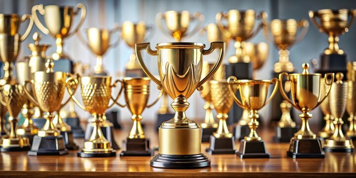 A single gold trophy stands out against a backdrop of numerous smaller trophies and medals in a sleek, modern room