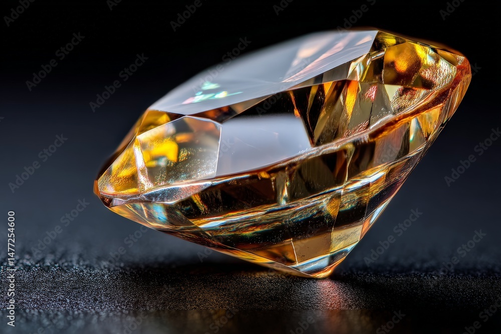 Poster brilliant amber gemstone reflecting light with intricate facets on a dark background