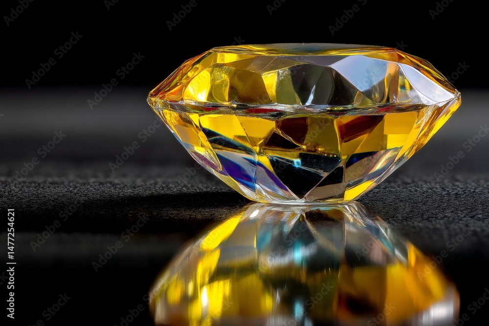 Poster shining yellow gemstone reflecting light on a dark surface during a low-light setting