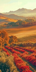 The Tuscany countryside with mountains and fields in evening light