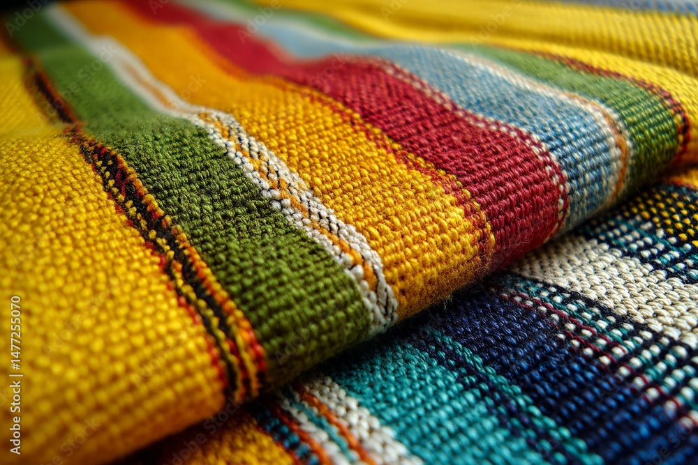 Poster vibrant woven fabric with intricate patterns showcasing colors of nature and craftsmanship