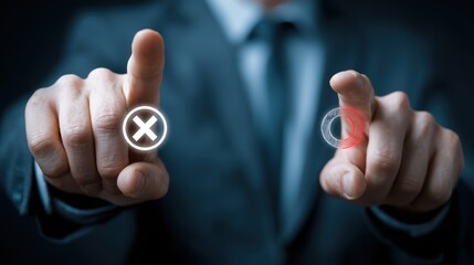 Person in suit touching two digital buttons with x and o symbols.