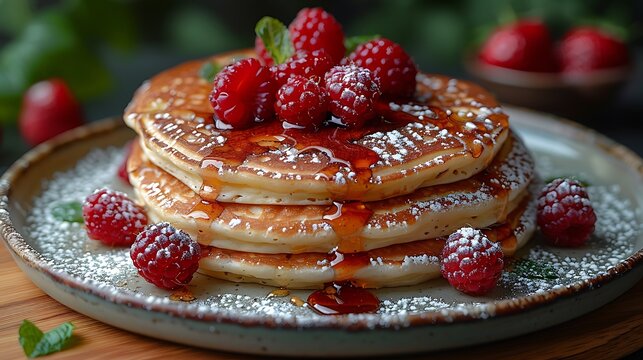 Delicious fluffy pancakes drizzled with maple syrup and topped with fresh raspberries and powdered sugar for a delightful breakfast treat.