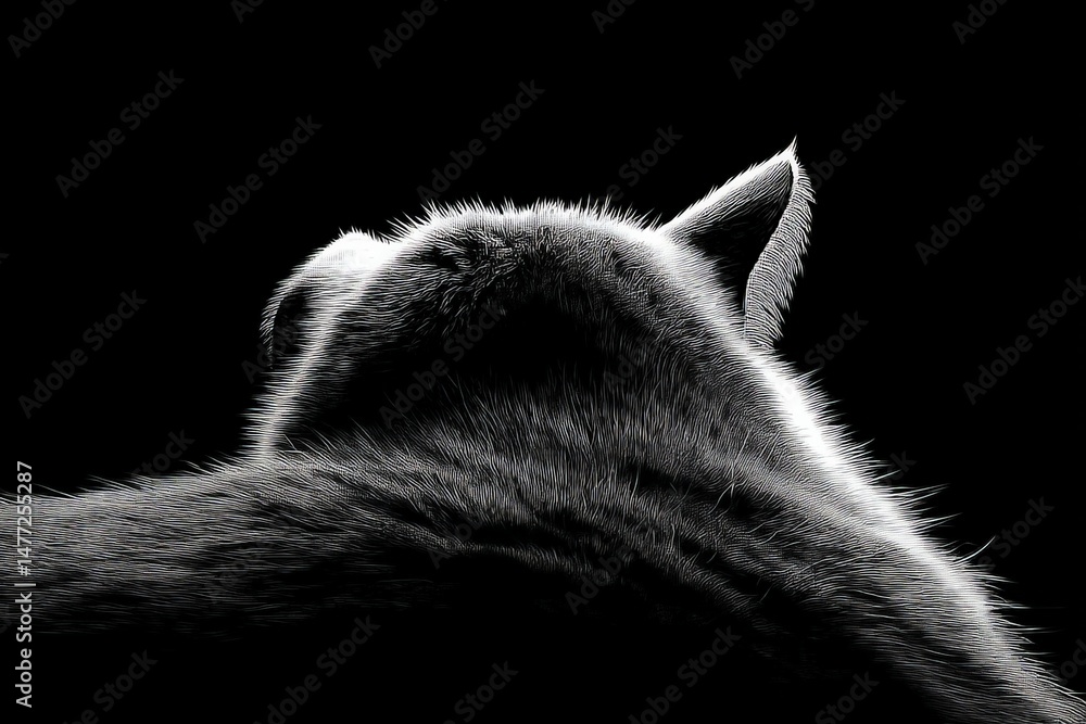 Poster elegant profile of a cat against a dark background highlighting its fur texture and form