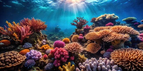Obraz premium Vibrant underwater scene showcasing a diverse array of colorful coral formations bathed in sunlight