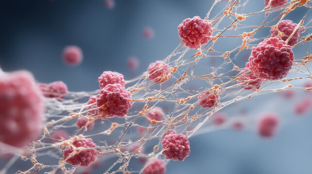 Highly detailed medical illustration of NETosis, showcasing intricate cellular structures