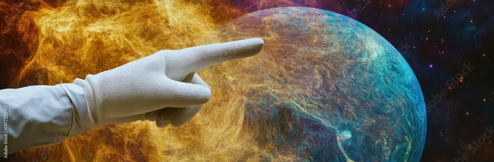 Aufkleber a robotic hand reaching out towards a glowing planet in a cosmic space scene. symbolizing exploratio