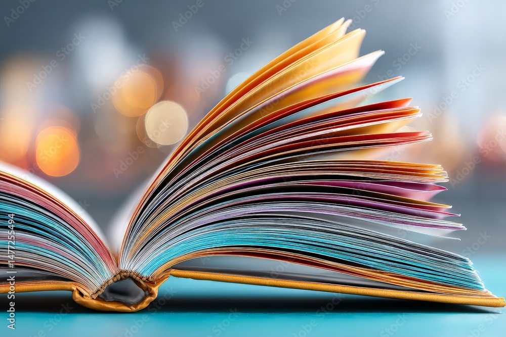 Poster Colorful pages of an open book create a vibrant and inviting reading experience in a cozy setting during the day