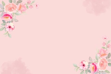 Watercolor floral design featuring pink roses and green leaves on a soft pink background. Ideal for invitations, greeting cards, and stationery, providing an elegant and romantic aesthetic.