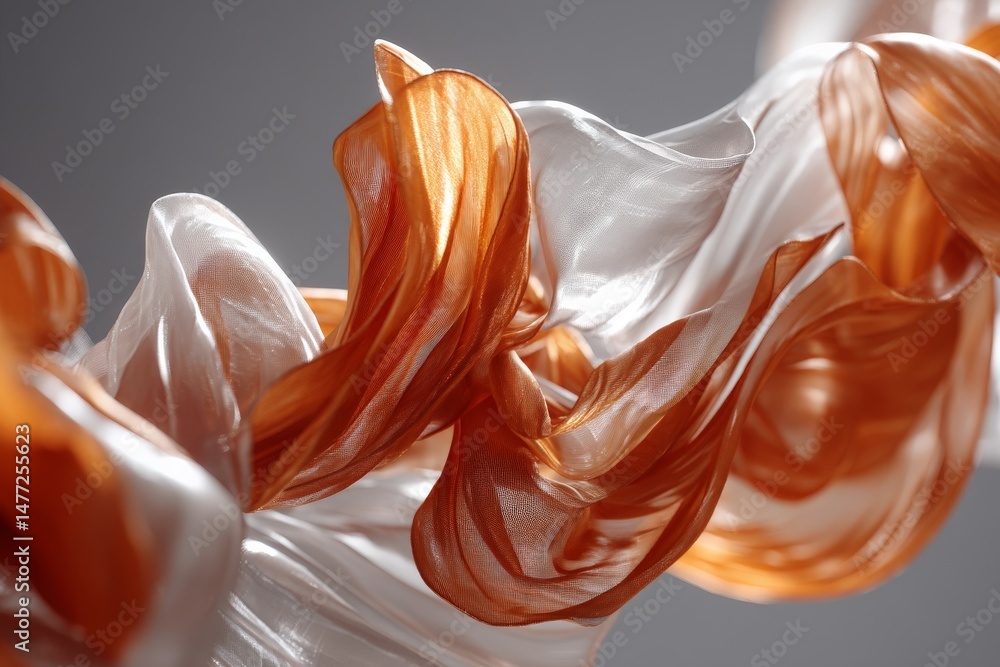 Poster Moving fabric flows gracefully in sunlight with a mix of white and orange hues creating an elegant display