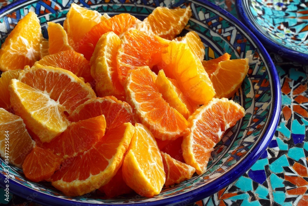 Poster freshly sliced oranges arranged in a decorative bowl on a colorful mosaic table
