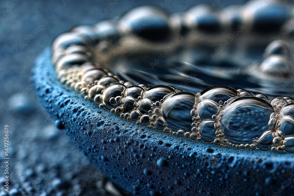 Poster Bubbles forming on a surface with water droplets in a close-up view capturing intricate details